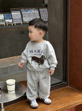 Mar家宝宝春秋冬毛圈套装卫衣卫裤腊肠狗灰色打底裤子雏菊
