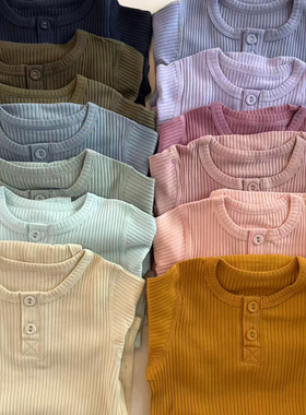 mar多色无骨纯色前胸开扣长袖包屁衣螺纹百棉哈衣爬服