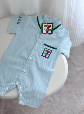 711便利店条纹短袖爬服哈衣可爱王嘉尔同款男女宝婴童连体衣短爬