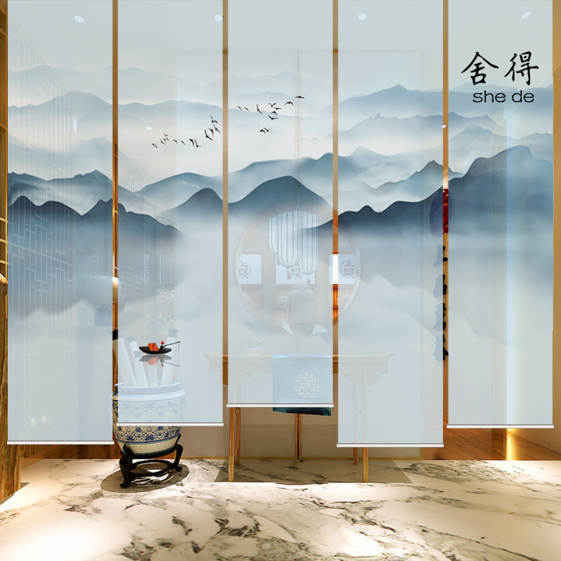 中式山水电动卷帘半透明隔断