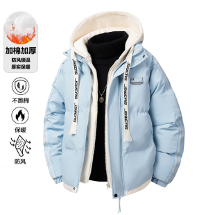 冬季潮牌羽绒棉服男女款潮流加厚加绒保暖情侣连帽假两件外套上衣