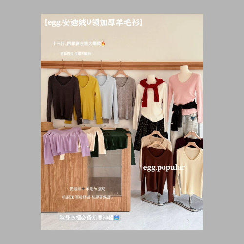 egg.popular安迪绒U领加厚羊毛衫女秋冬软糯纯色修身内搭打底毛衣