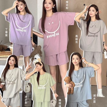 MOTIE末贴2701活力套装可爱网红简约薄款套头短袖短裤笑脸家居服