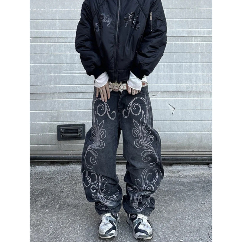 美式复古做旧花纹烫钻图腾牛仔裤女大码宽松显瘦直筒垂感阔腿长裤,女装/女士精品,大码裤装,淘宝优惠券,粉丝福利购,淘宝优惠卷