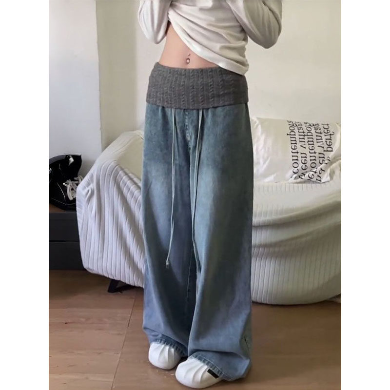 美式街头复古毛线拼接腰头牛仔裤女2026新款大码宽松阔腿拖地长裤,女装/女士精品,大码裤装,淘宝优惠券,粉丝福利购,淘宝优惠卷