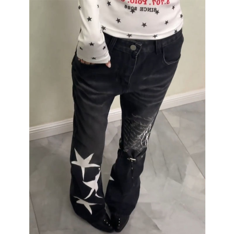 美式复古大码水洗做旧星星微喇牛仔裤女辣妹修身显瘦绑带坠感长裤,女装/女士精品,大码裤装,淘宝优惠券,粉丝福利购,淘宝优惠卷