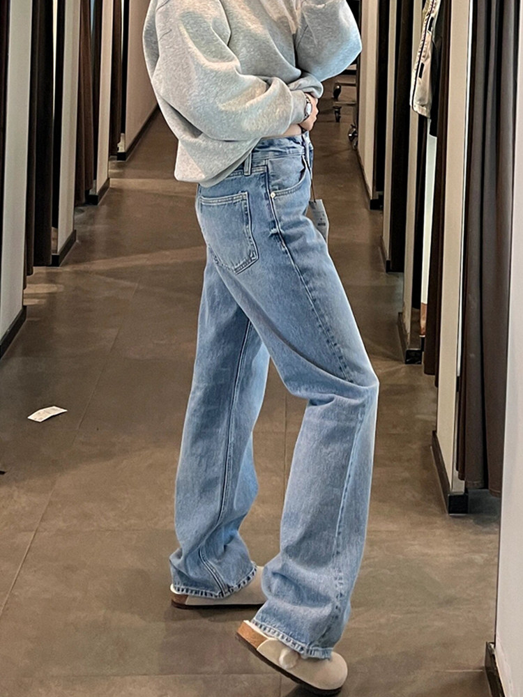 아메리칸 스트리트 바이브 라이트 블루 청바지 플러스 사이즈 여성 가을 ??겨울 신상 루즈 슬리밍 하이 웨이스트 바닥 길이 스트레이트 팬츠