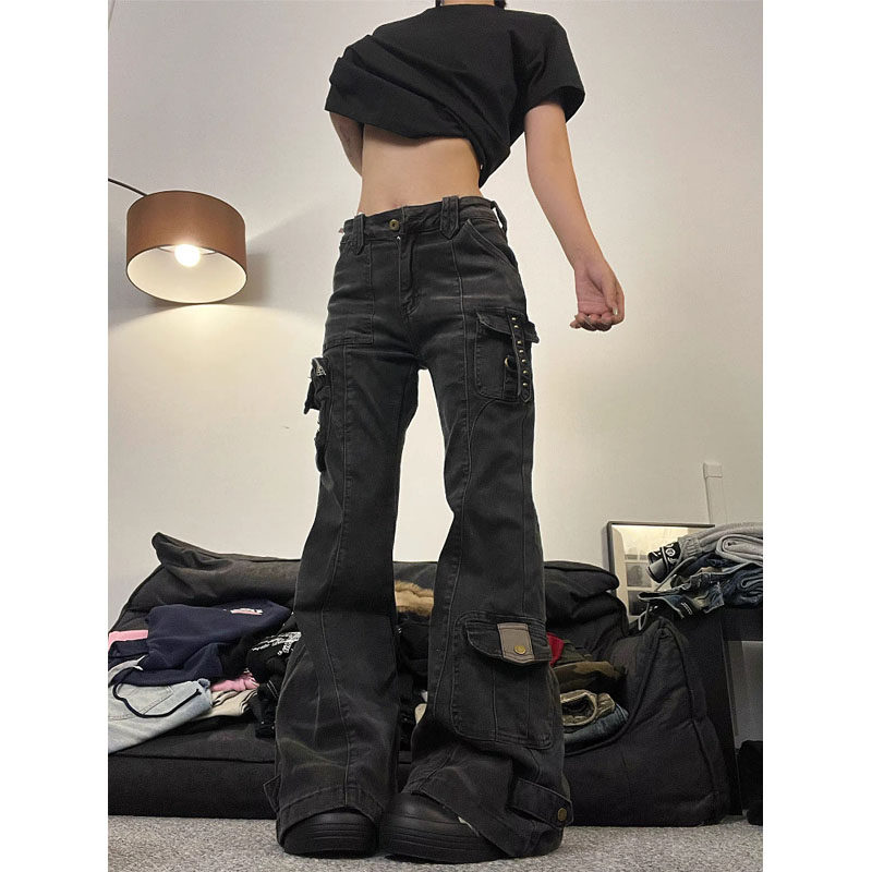 大码美式街头设计感工装微喇牛仔裤女朋克辣妹多口袋修身拖地长裤,女装/女士精品,大码裤装,淘宝优惠券,粉丝福利购,淘宝优惠卷