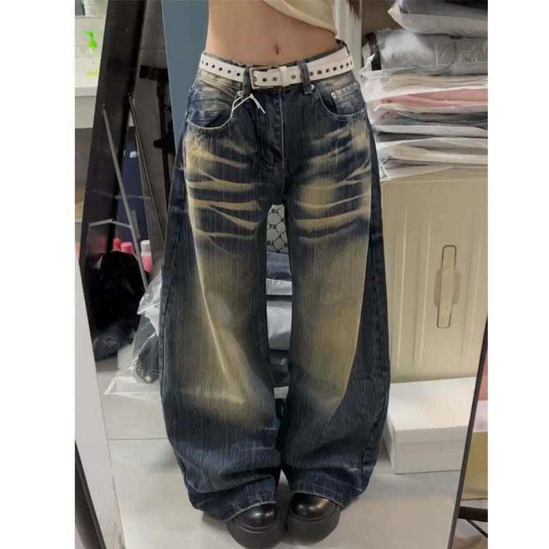 大码美式复古水洗做旧猫须竹节纹弯刀牛仔裤男女街头宽松阔腿裤潮,女装/女士精品,大码裤装,淘宝优惠券,粉丝福利购,淘宝优惠卷