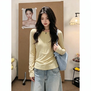 大码胖MM舒适简约半拉链圆领长袖T恤女款秋季修身显瘦打底衫上衣