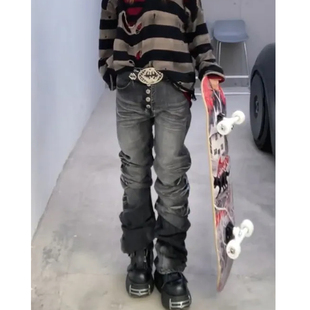 女2025新款 美式 vibe大碼 設計彎刀牛仔褲 街頭顯瘦堆積感微喇叭長褲