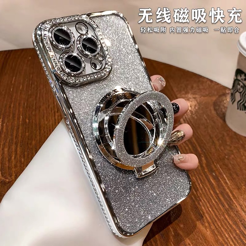 新款奢华闪钻边框适用苹果16promax手机壳iPhone15磁吸支架16e全包带镜头膜防摔保护套14Pro补妆镜女13高级感