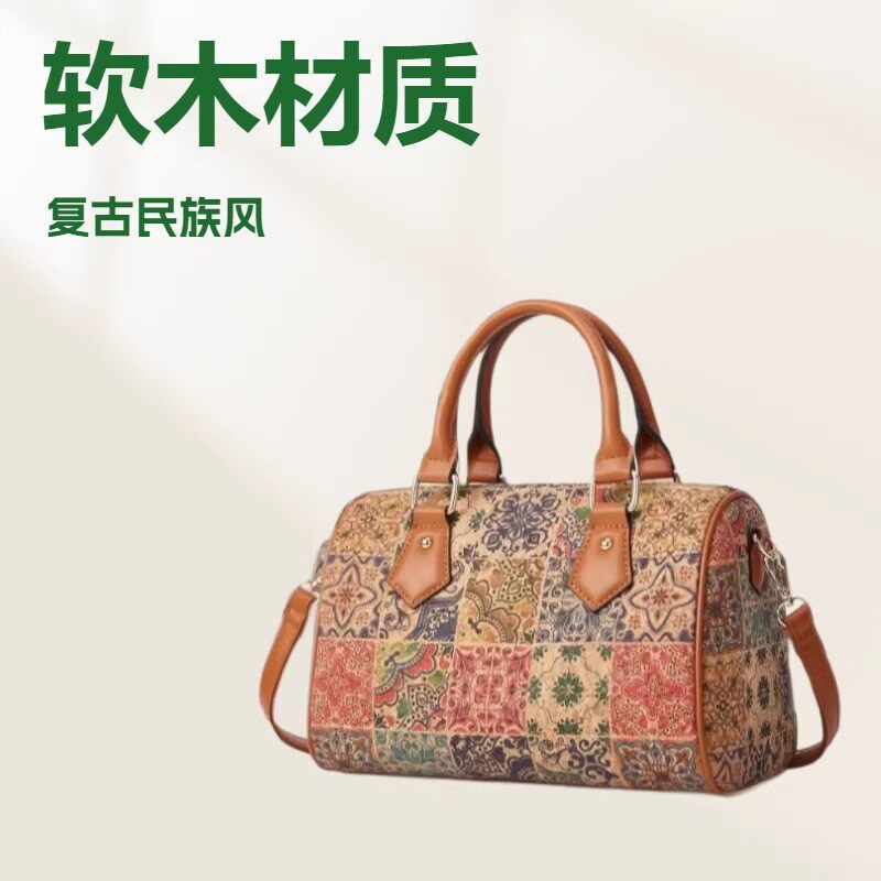 复古欧美软木纹包女士手提包数码印刷多元素民族风单肩包手提包