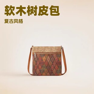 新款休闲时尚复古民族风软木树皮印花小方包女单肩斜挎包拉链百搭