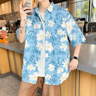 冰丝花衬衫男短袖薄款