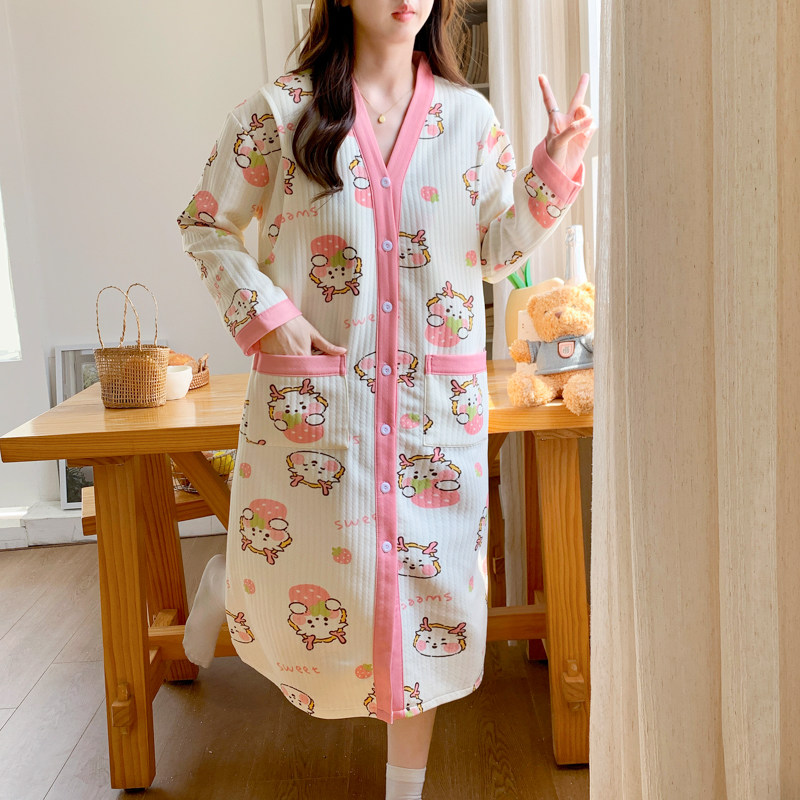空气棉卡通草莓熊哺乳衣中长款睡裙式月子服抗菌防螨带胸垫可外穿