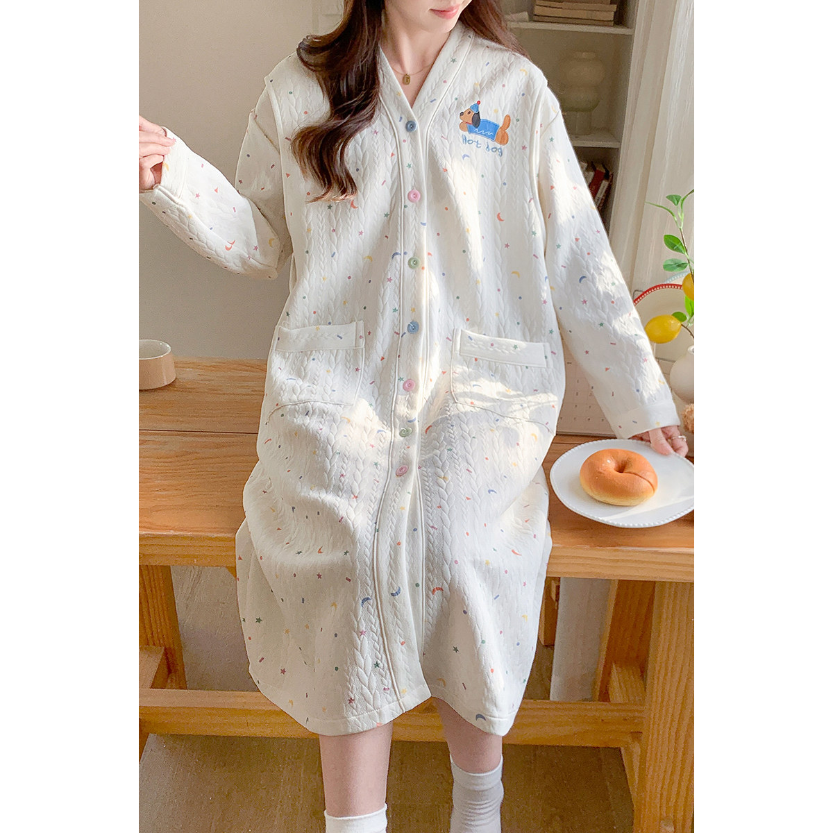 卡通小狗睡裙女中长款带胸垫哺乳衣月子服抗菌防螨春秋冬款家居服