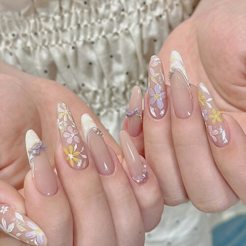 高端手工定制穿戴美甲手绘油画花蝴蝶结白色法式夏简约婚纱新娘