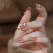 中长手工定制秋冬穿戴美甲成品香槟咖色爆闪蝴蝶新娘可拆卸甲片