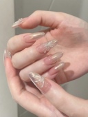 高端手工定制光疗穿戴美甲成品裸色渐变极光手绘蝴蝶新娘可拆卸甲