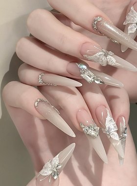 奢华手工定制光疗婚纱穿戴美甲成品长款手绘空间白色蝴蝶华子新娘
