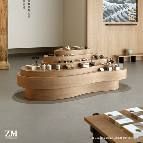 多层中岛台异形茶室器皿展示柜咖啡厅文创特产旅游商品陈列流水台