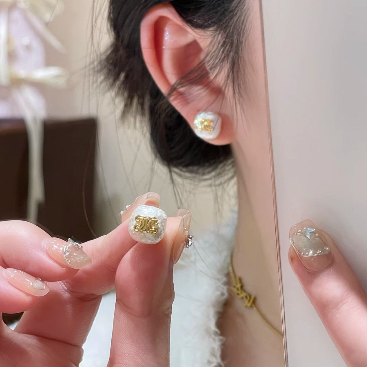 小众高级感天然巴洛克花瓣异形珍珠英文字母耳钉ins镶嵌百搭耳环