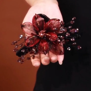 韩国高档手工铜丝编织花朵抓夹轻奢水晶后脑勺优雅盘发大号鲨鱼夹