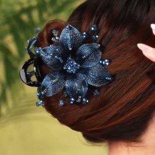 高端系列发夹女蓝玫瑰盘发抓夹手工编织铜丝花朵鲨鱼夹头饰