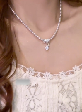 银色多层圆环几何锆石吊坠珍珠项链女2025新款颈链轻奢小众锁骨链