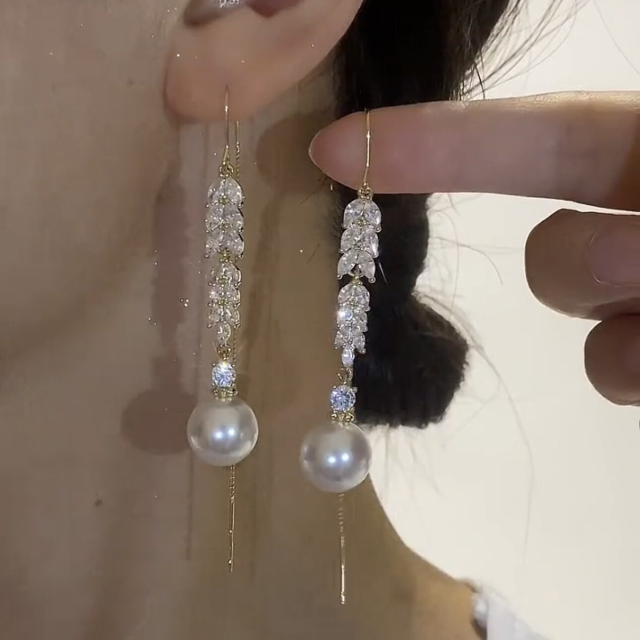 精致甜美中长款麦穗珍珠吊坠耳饰