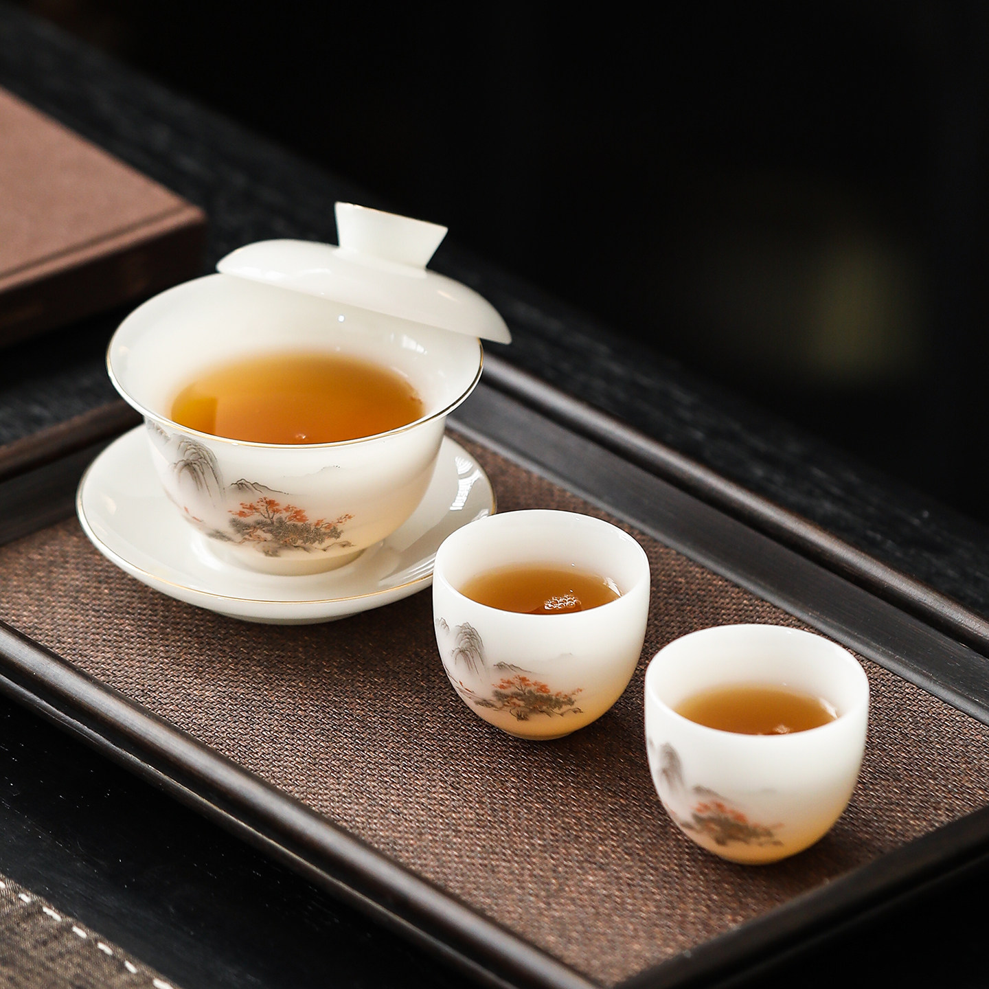 冰种璞玉白瓷山水盖碗功夫茶具旅行高档陶瓷茶杯三才盖碗礼盒套装
