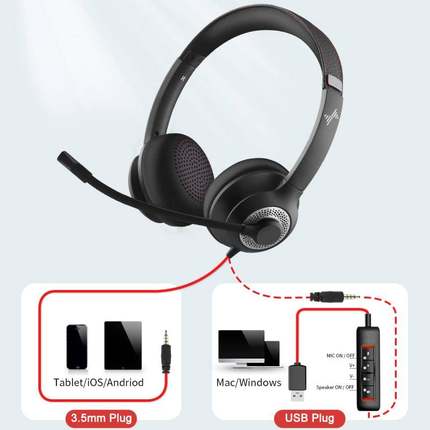 USB Headset with Mic for PC On-Ear Computer Laptop Headphone