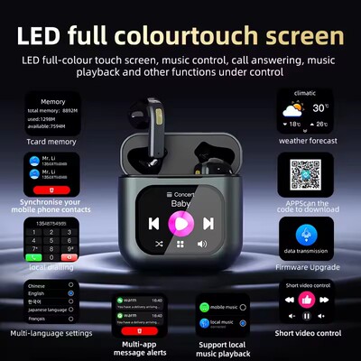 Smart Screen Touch Bluetooth Earphones 8GB Storage Earbuds
