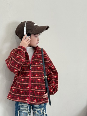 25冬季新款儿童上衣男童女童中大童红色新年款摇粒绒拉链卫衣外套