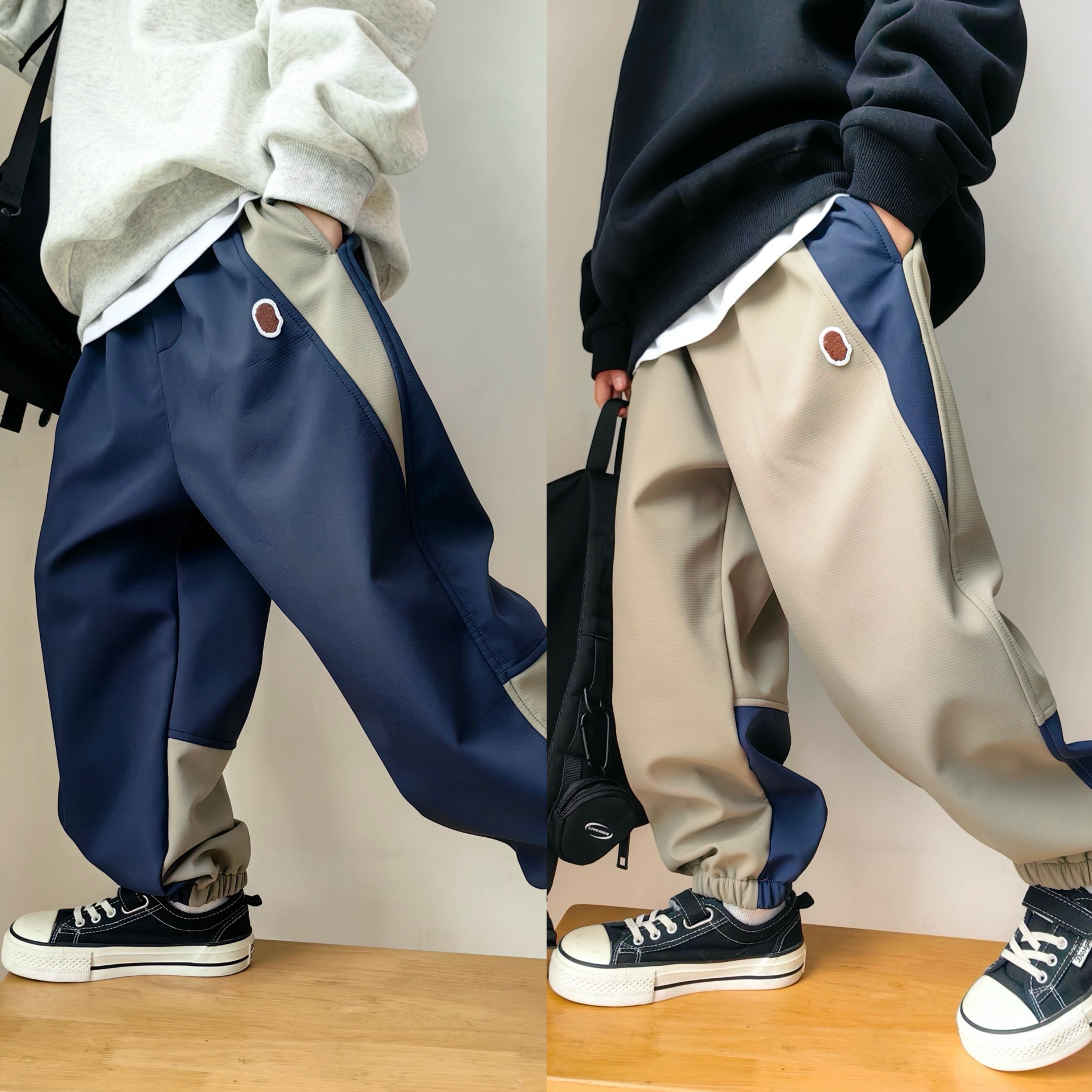 25冬童裤男童户外防风软壳裤加绒加厚薄绒运动长裤拼接撞色三防裤