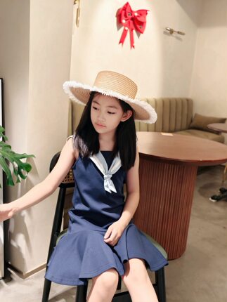 26夏童装连衣裙女童学院风海军蓝无袖棉质裙子儿童生日裙拍照礼服
