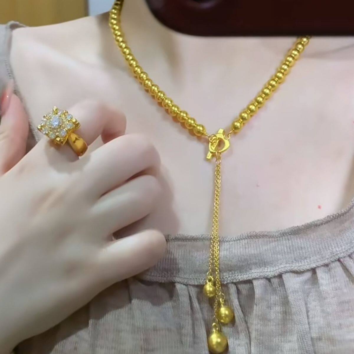 爆款珠珠链滴溜版爱心OT扣流苏项链转运珠字锁骨链