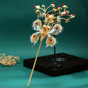 纯铜镀金蝴蝶连枝簪复古累丝镶宝石发簪清宫剧头饰发饰发簪