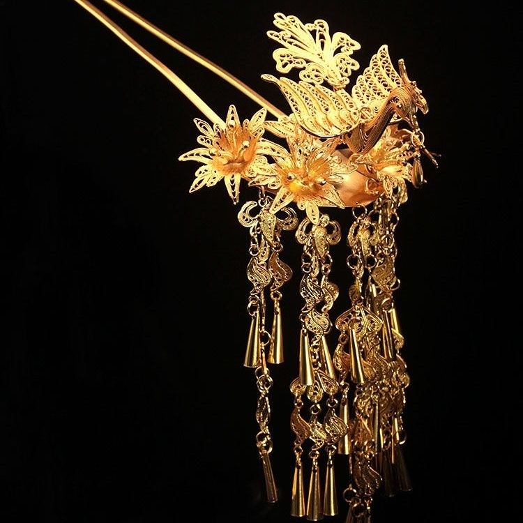 2024年木喜花丝汉服婚庆配饰头饰凤凰发簪步摇流苏发钗款