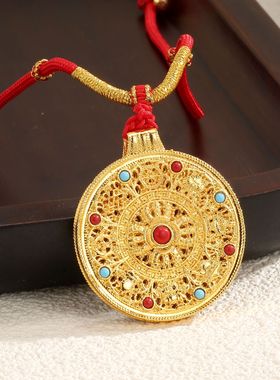 金店同款古法金珐琅花丝镂空八宝罗盘吊坠强保色编绳挂坠项链