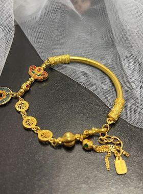 古法轻奢黄金色福满传家手链女新款小众珐琅半镯半链送女友