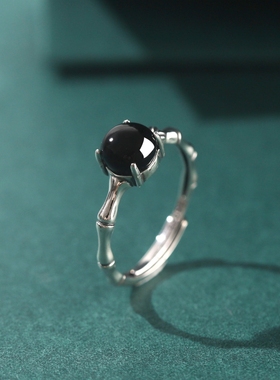 天然黑玛瑙竹节戒指纯银古着戒指复古做旧中古风戒指食指戒可调节