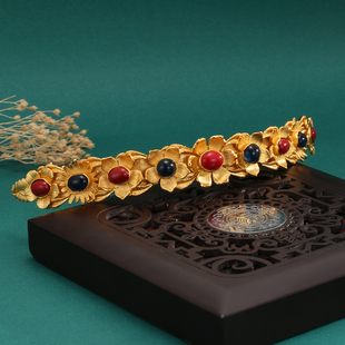 黄铜镀金复古宫廷明代狄髻发簪子 嵌宝花卉钿儿分心汉服发冠