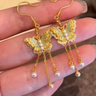 【限量热销】新中式幽梦蝶珐琅流苏耳环花丝精巧宫廷风设计耳钩