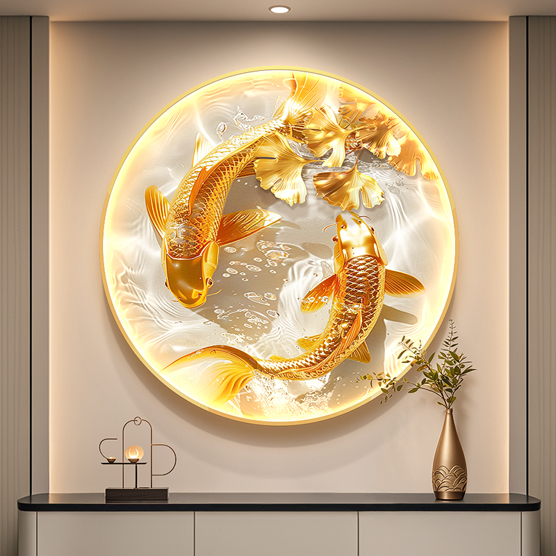 金色锦鲤玄关装饰画轻奢年年有余入户挂画银杏叶走廊圆形带灯壁画图片