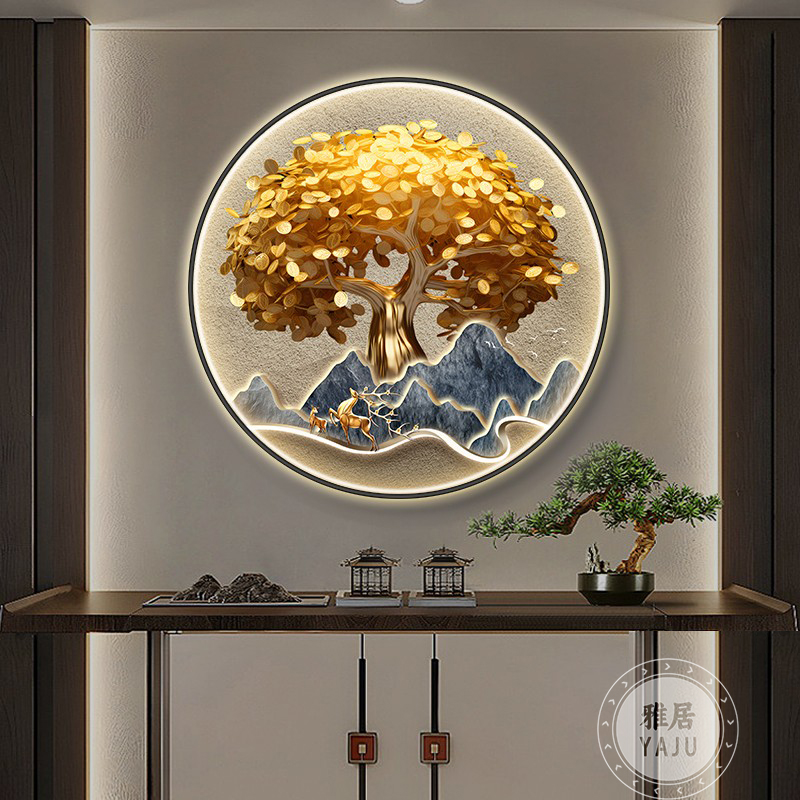 轻奢发财树玄关装饰画带灯走廊过道茶室酒店名宿餐厅寓意好壁挂画图片
