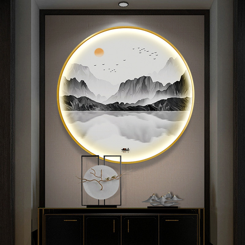 新中式圆形禅意山水圆形装饰画图片