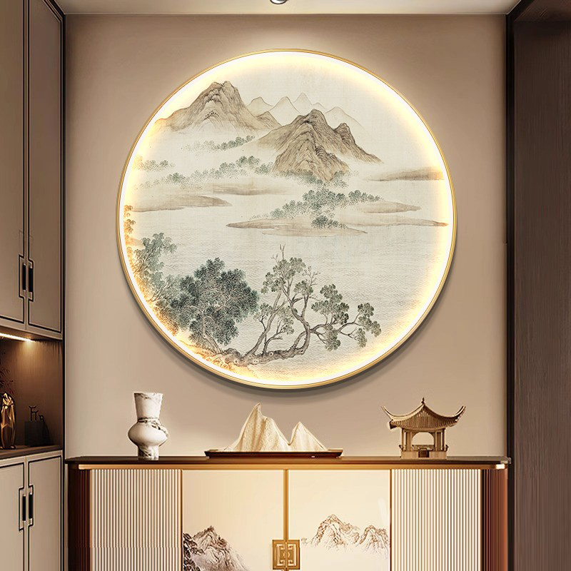 山水圆形玄关装饰画新中式走廊过道禅意茶室挂画客厅背景墙壁灯画图片