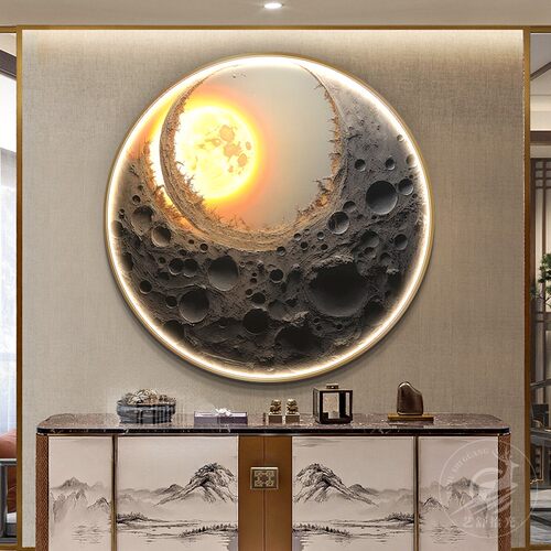 月球玄关装饰画圆形发光走廊挂画